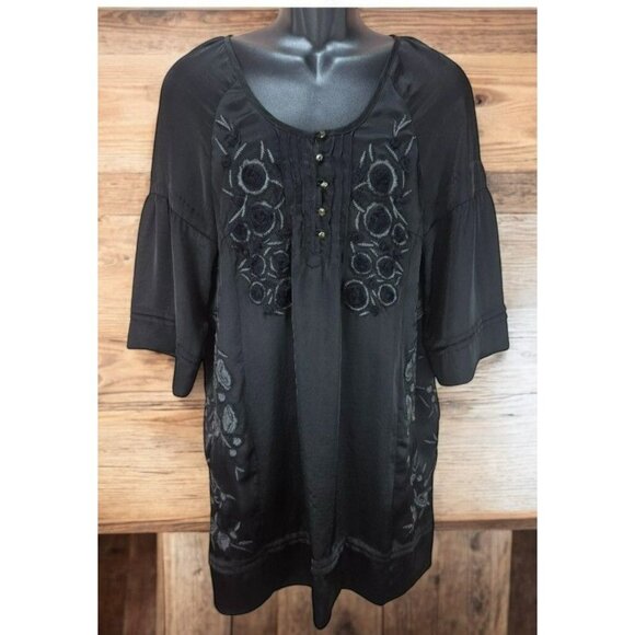 Ivy Jane Womens Black Embroidered Tunic Blouse Small Boho Chic - Picture 1 of 8